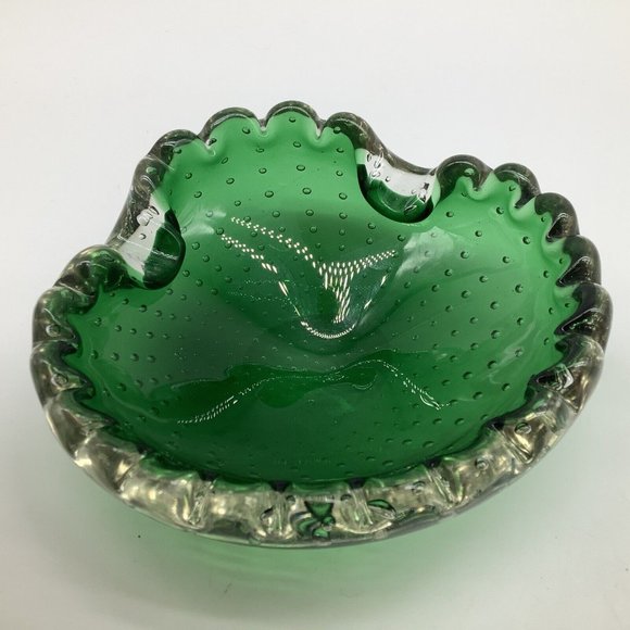 Murano MCM Handblown Bullicante Emerald Green Glass Ashtray/Bowl - Picture 12 of 12